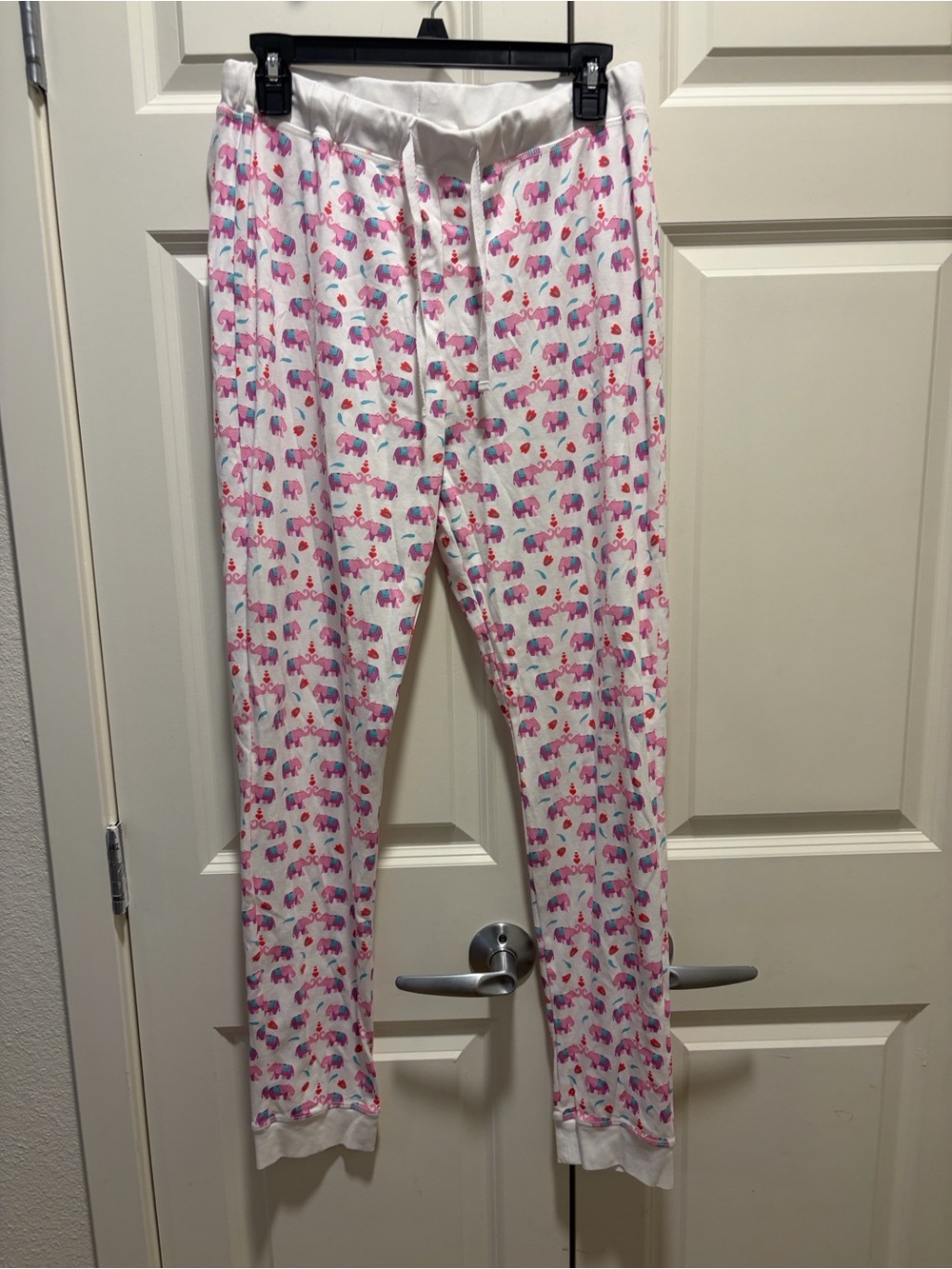 White Pajama Pants with Pink & Blue Elephant Print 100% pima cotton